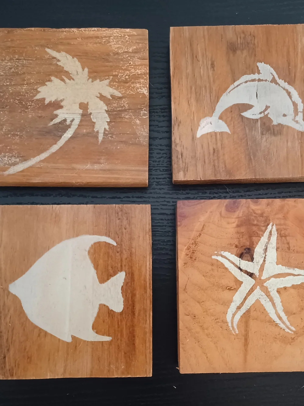 Hand-Painted Coastal Wood Coasters Set - Natural Wood & White